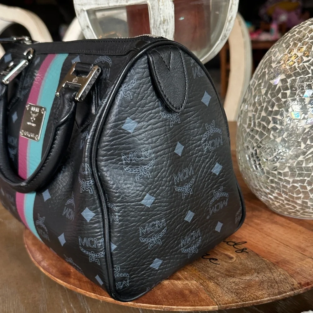 MCM Black Satchel with Pink and Teal Stripes - Picture 4 of 12